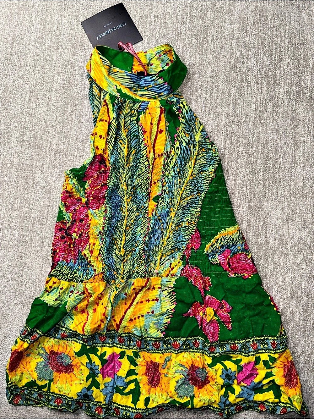 Cynthia Rowley Floral Smocked Halter Top Green Yellow Size S NWT